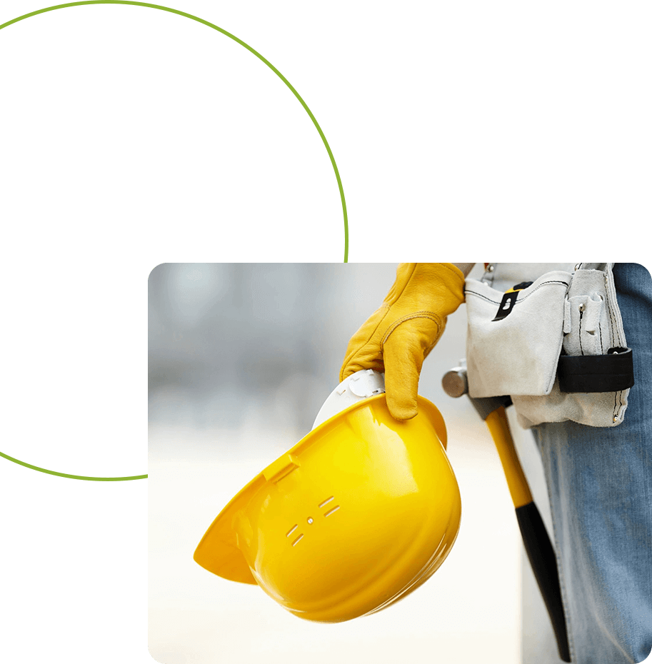 A yellow hard hat hanging from the side of a person.