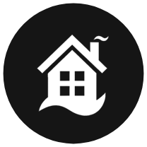 A black and white icon of a house with smoke coming out the top.