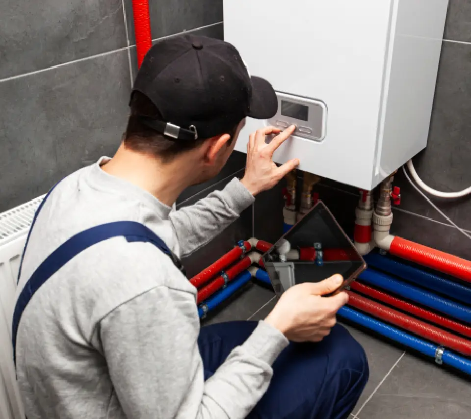 A man is working on the pipes of his heating system.