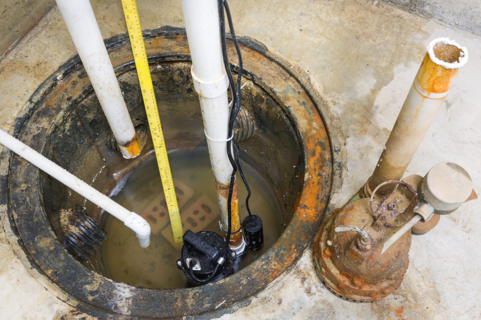 A dirty floor with pipes and wires in it